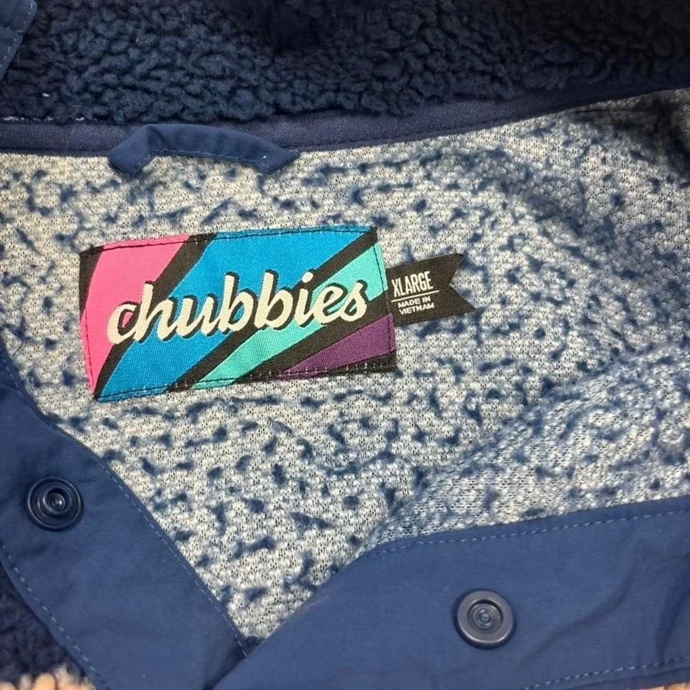 Chubbies Sherpa‎ Fleece Pullover Mens XL Blue Retro Stripe Snap Button 0206